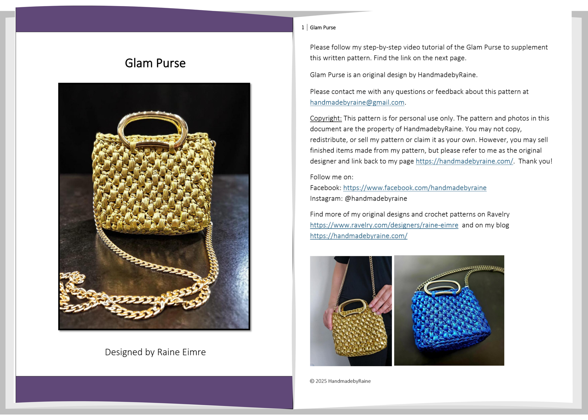 Glam Purse crochet pattern with gold and blue examples on a white background