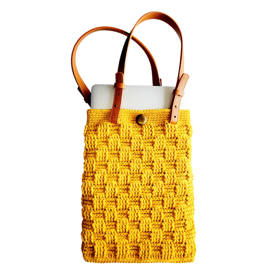 Yellow cotton crochet laptop bag lined with EMF defense silver fabric