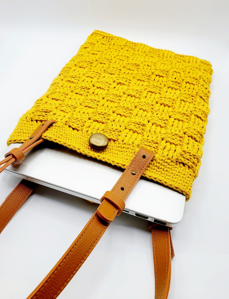 Yellow cotton crochet laptop bag lined with EMF defense silver fabric